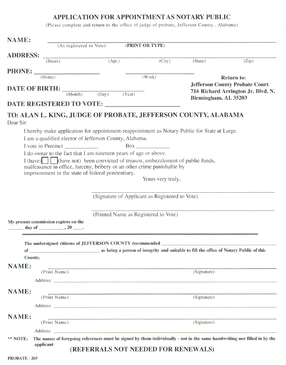 Application Form for Appointment as Notary Public - Jefferson county, Alabama, Page 1