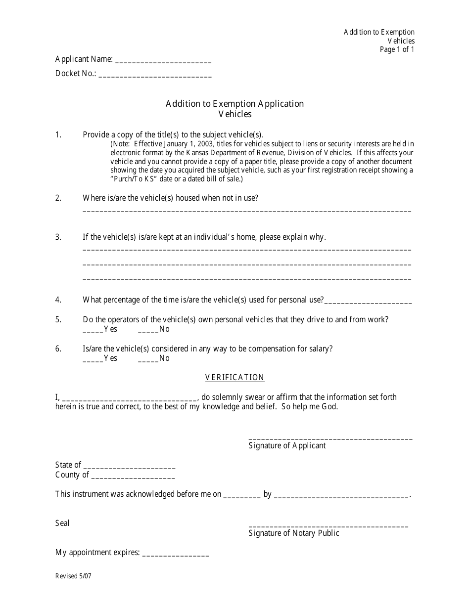 Addition to Exemption Application - Vehicles - Kansas, Page 1
