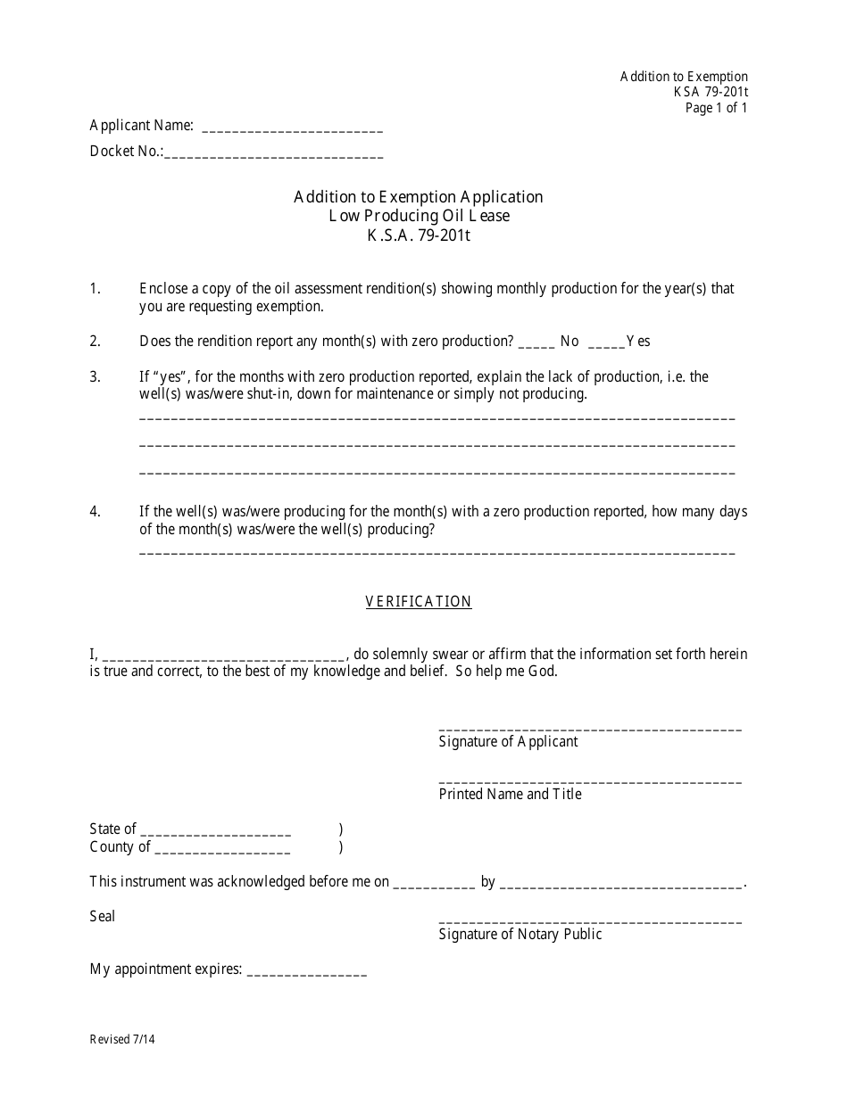 Addition to Exemption Application Low Producing Oil Lease - Kansas, Page 1