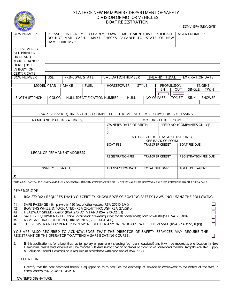 Form DSMV157A Boat Registration - New Hampshire, Page 1