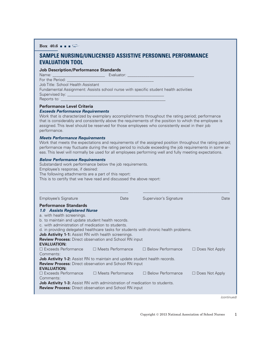 Nursing / Unlicensed Assistive Personnel Performance Evaluation Form - National Association of School Nurses, Page 1