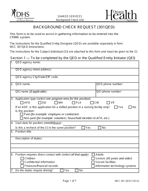 Form MSC301 QED Background Check Request - Oregon