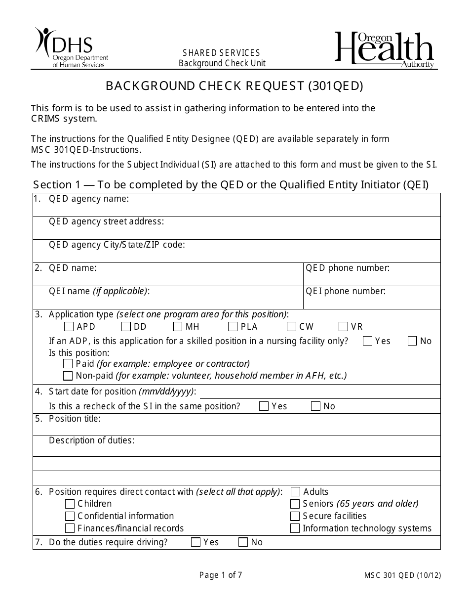 Form MSC301 QED Background Check Request - Oregon, Page 1