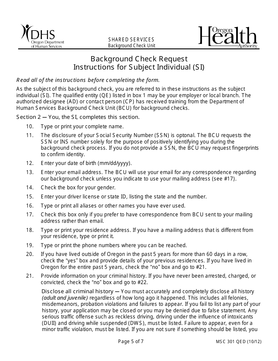 Form MSC301 QED Background Check Request - Oregon, Page 5