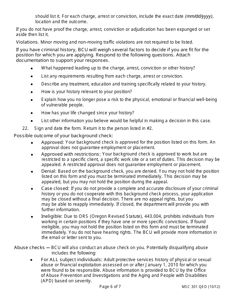 Form MSC301 QED Background Check Request - Oregon, Page 6