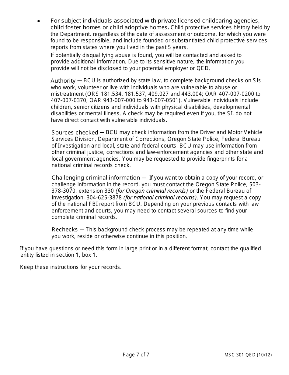 Form MSC301 QED Background Check Request - Oregon, Page 7