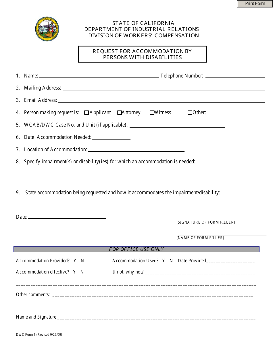 DWC Form 5 Request for Accommodation by Persons With Disabilities - California, Page 1