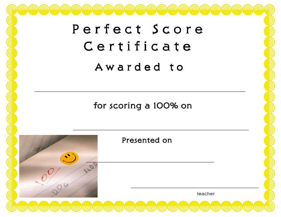 Perfect Score Award Certificate Template