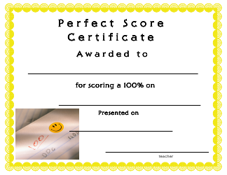 Document preview: Perfect Score Award Certificate Template