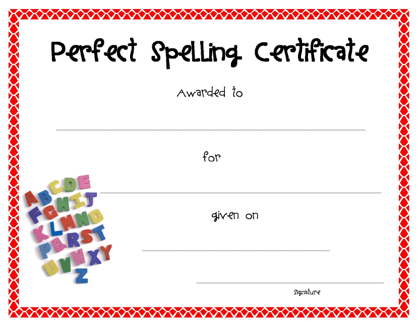 Perfect Spelling Award Certificate Template preview