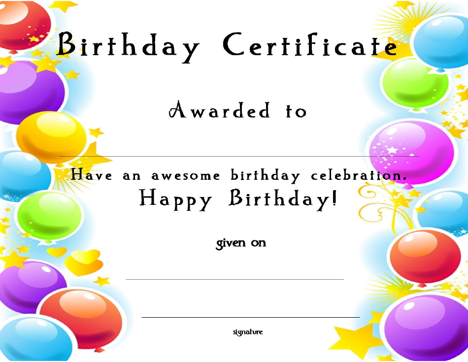 Birthday Award Certificate Template with Balloons