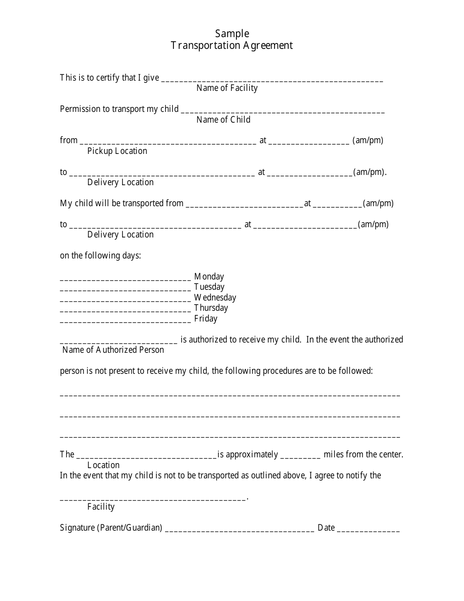 Child Transportation Agreement Template, Page 1