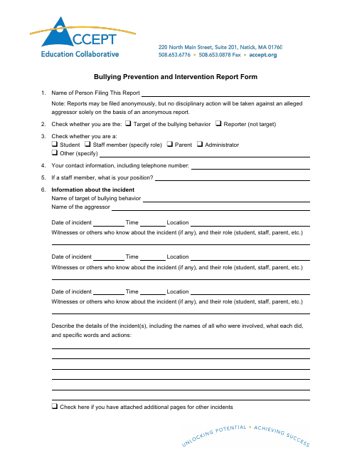 Bullying Prevention and Intervention Report Form - Accept Education Collaborative Download Pdf