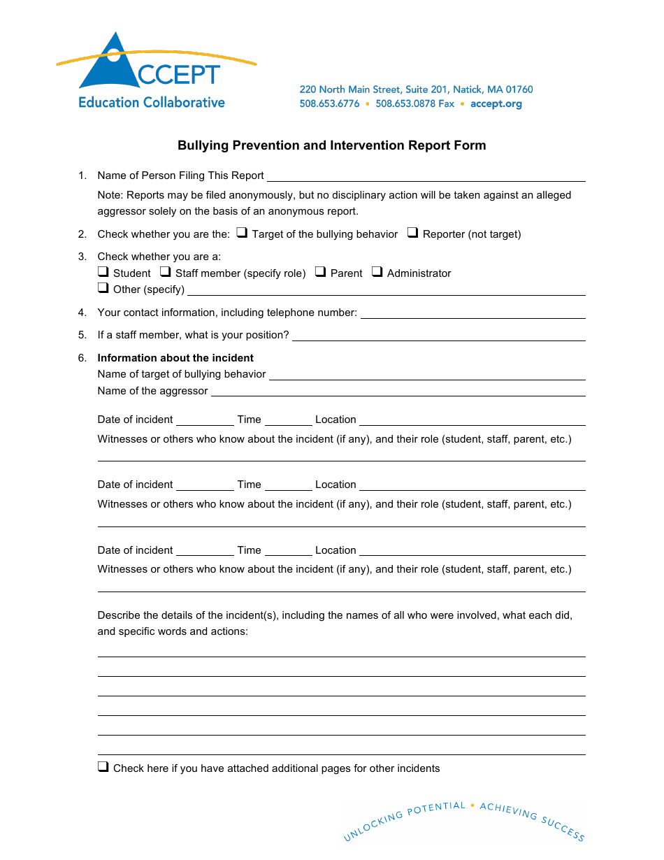 Bullying Prevention and Intervention Report Form - Accept Education Collaborative, Page 1