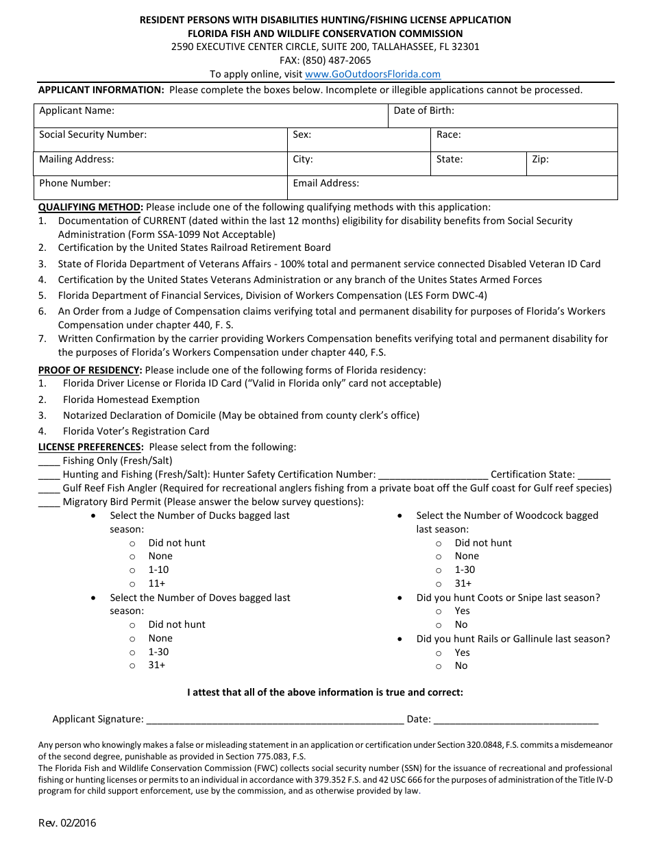 Resident Persons With Disabilities Hunting / Fishing License Application Form - Florida, Page 1