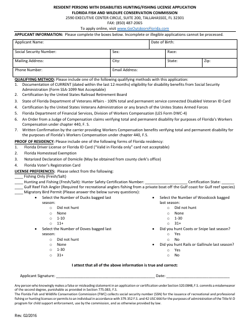 Resident Persons With Disabilities Hunting/Fishing License Application Form - Florida
