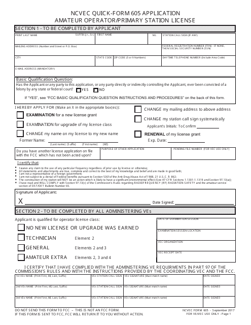 Amateur Operator/Primary Station License Application Form - Ncvec