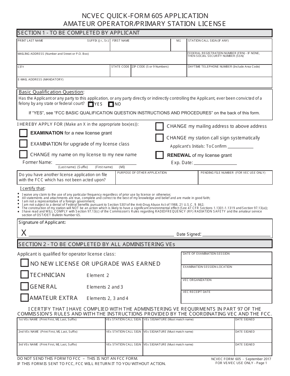 Amateur Operator / Primary Station License Application Form - Ncvec, Page 1