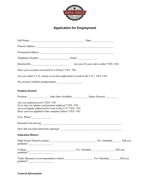 Employment Application Form - Maple Street Download Pdf