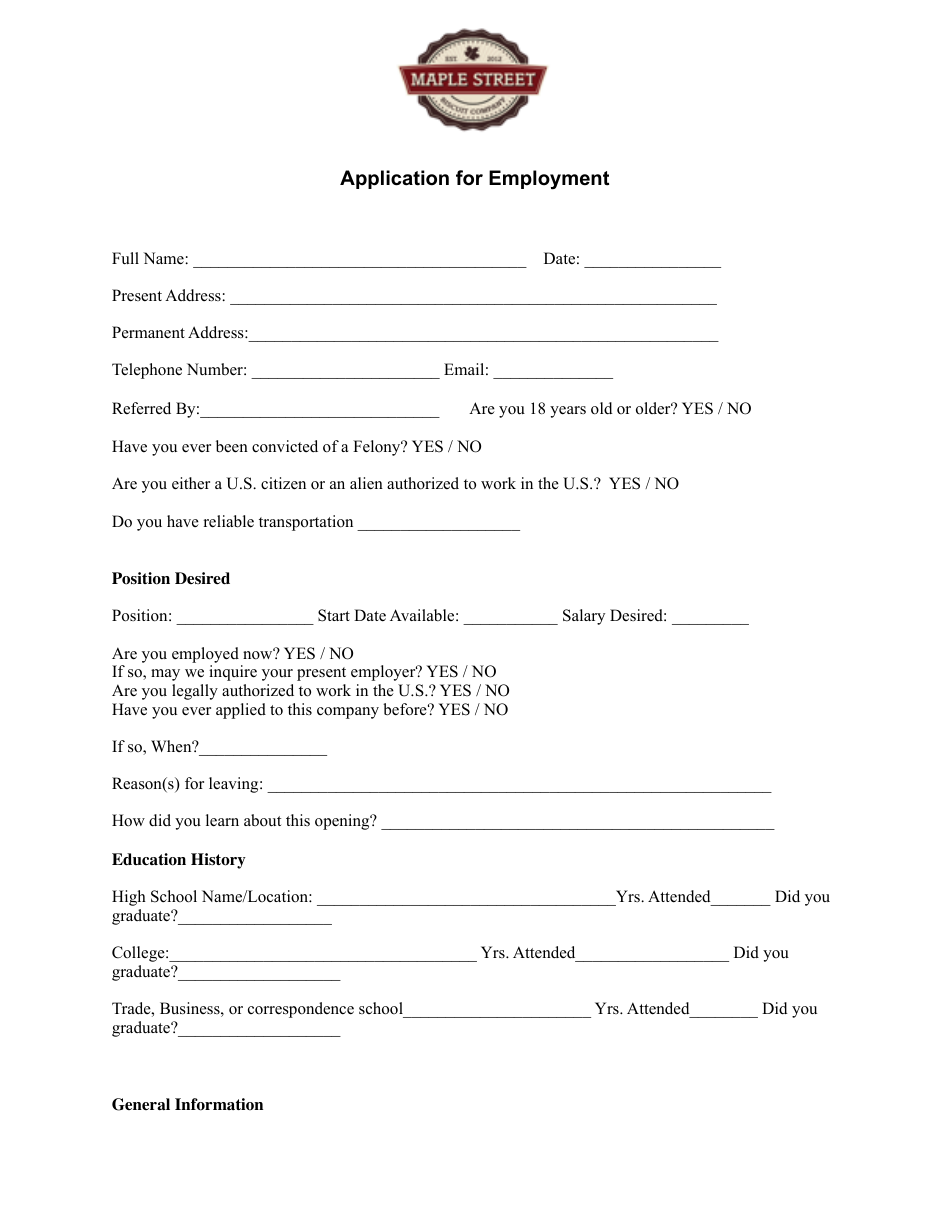 Employment Application Form - Maple Street, Page 1