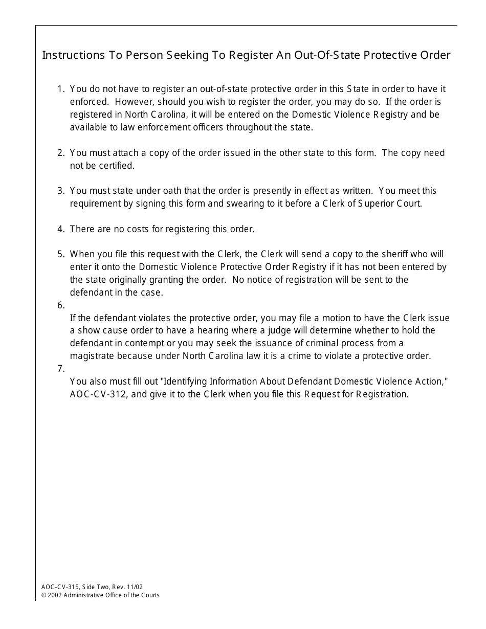 Form AOC-CV-315 Request and Affidavit to Register and Registration of Out-of-State Domestic Violence Protective Order - North Carolina, Page 2