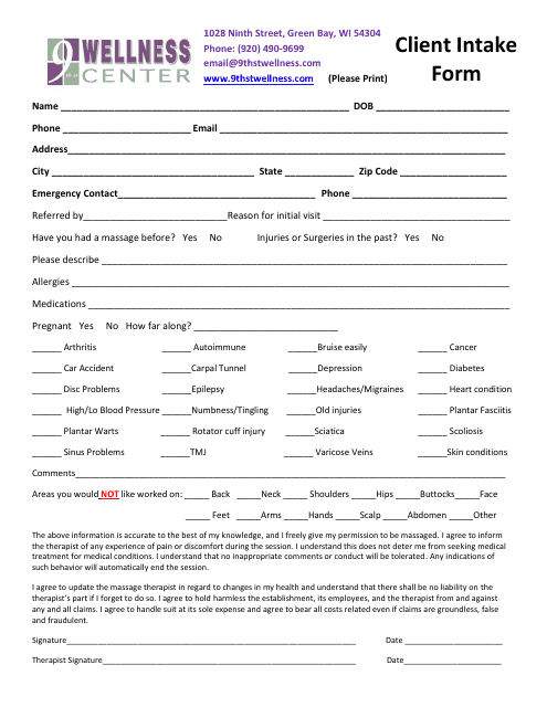 Client Intake Form - 9th St Wellness Center