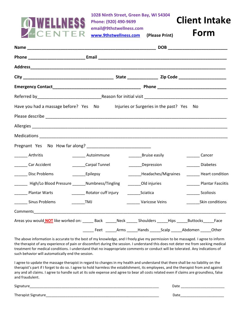 Client Intake Form - 9th St Wellness Center, Page 1
