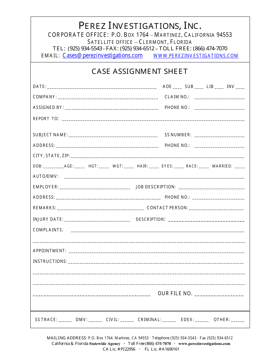 California Case Assignment Sheet Template Perez Investigations, Inc