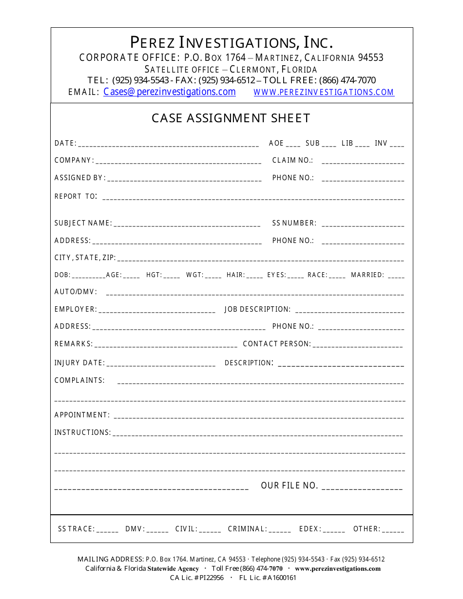 Case Assignment Sheet Template - securely organize investigation details