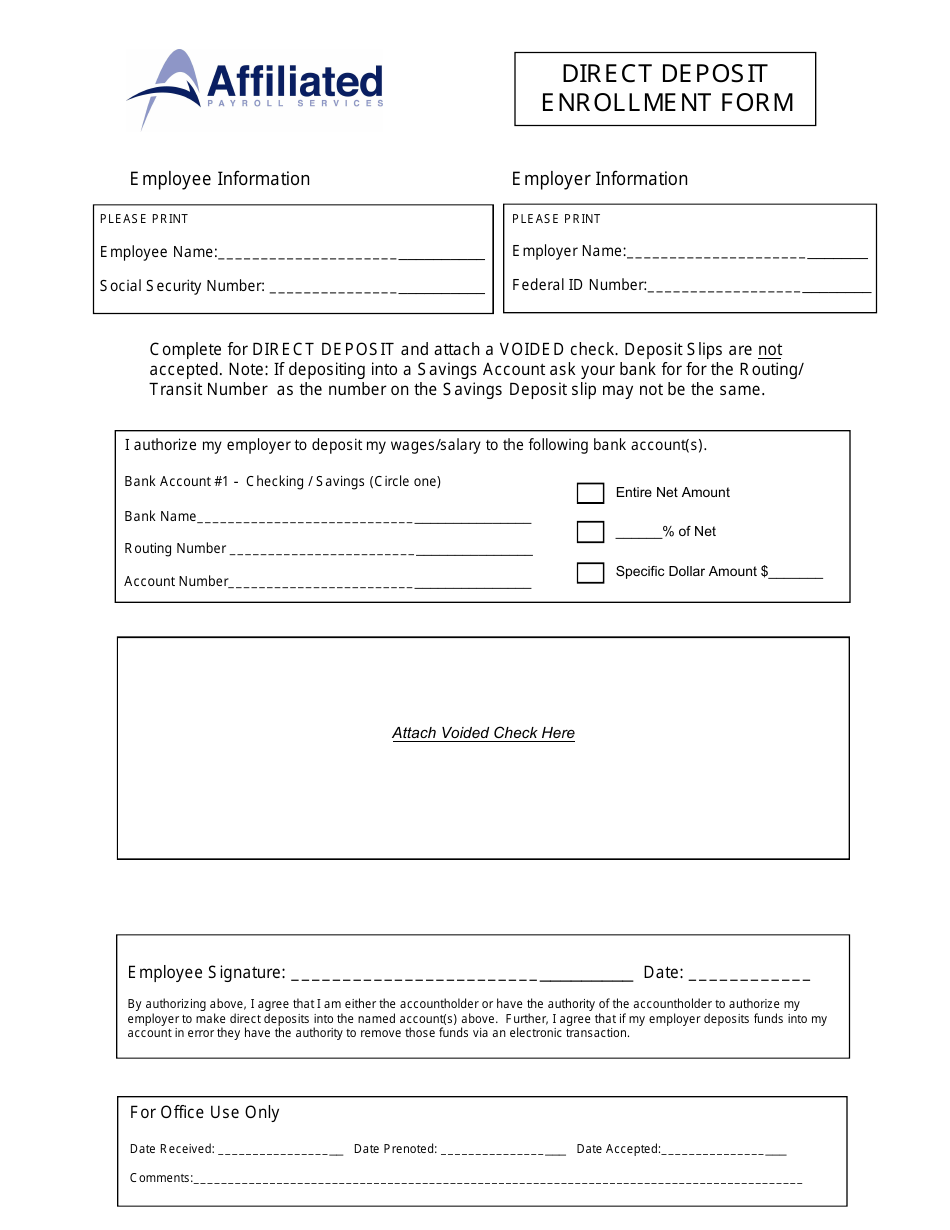 Direct Deposit Enrollment Form - Affiliated Payroll Services, Page 1