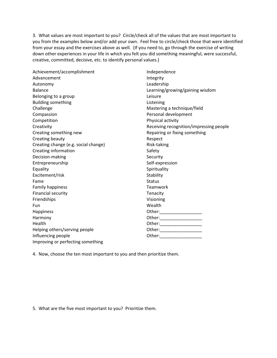 Values Assessment Worksheet Template Download Printable PDF ...