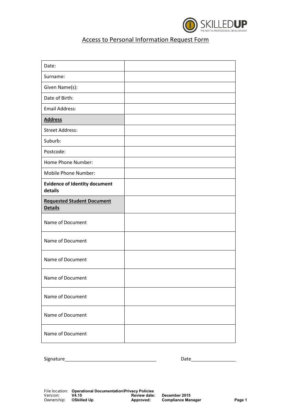Access to Personal Information Request Form - Skilledup, Page 1