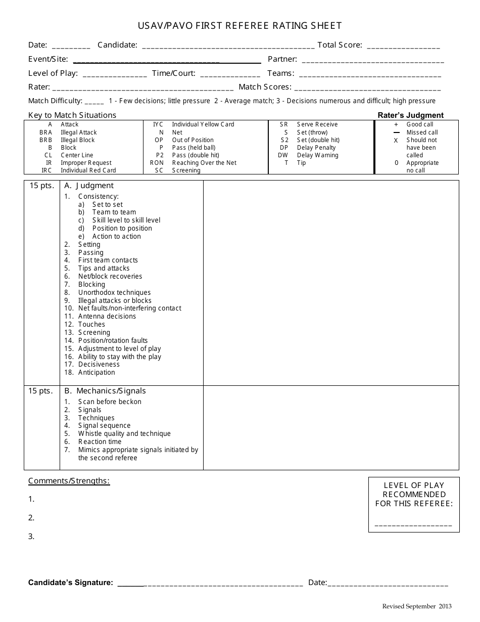 Volleyball Match Rating Sheet Template - Usav/Pavo First Referee ...