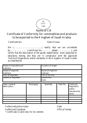 Document preview: Certificate of Conformity for Commodities and Products to Be Exported to the Kingdom of Saudi Arabia - Saudi Arabia