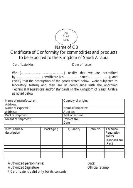 Certificate of Conformity for Commodities and Products to Be Exported to the Kingdom of Saudi Arabia - Saudi Arabia Download Pdf