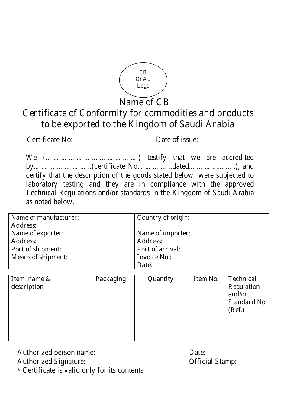 Certificate of Conformity for Commodities and Products to Be Exported to the Kingdom of Saudi Arabia - Saudi Arabia, Page 1