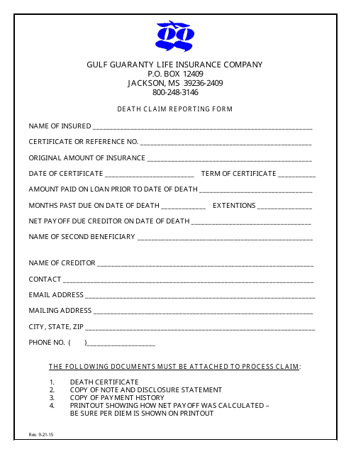 Death Claim Reporting Form - Gulf Guaranty Life Insurance Company Download Pdf