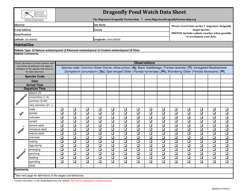 Dragonfly Pond Watch Data Sheet Template