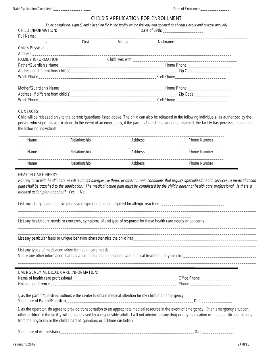 Child's Application for Enrollment Download Fillable PDF | Templateroller