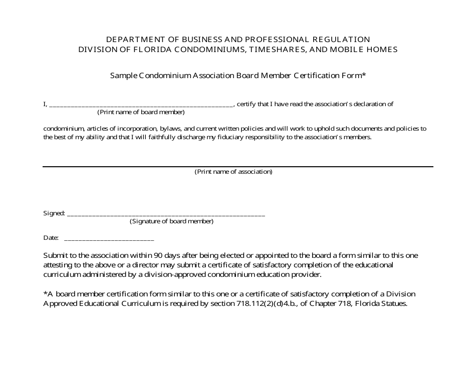 Florida Sample Condominium Association Board Member Certification Form