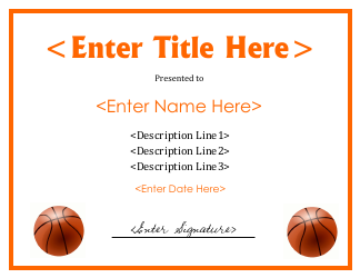 Document preview: Basketball Certificate Template - Orange