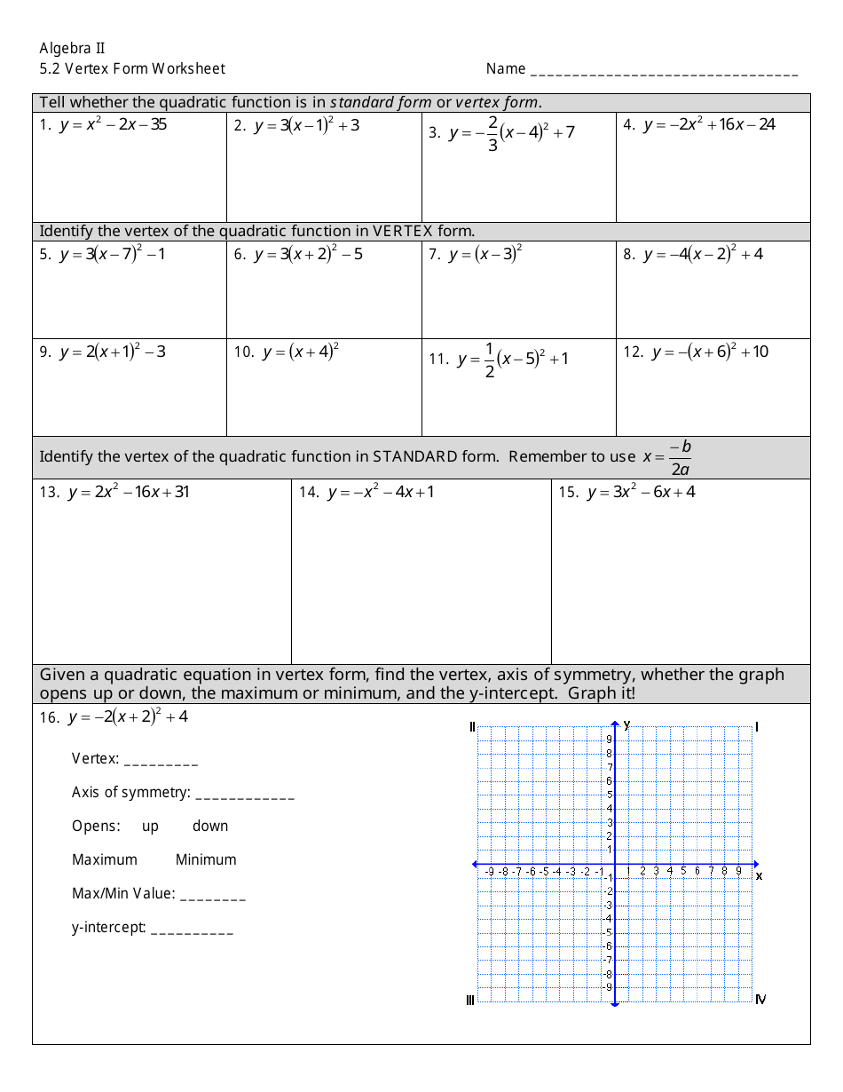 Vertex Form Worksheet - Algebra Ii, Page 1