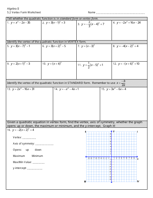 Vertex Form Worksheet - Algebra Ii Download Pdf