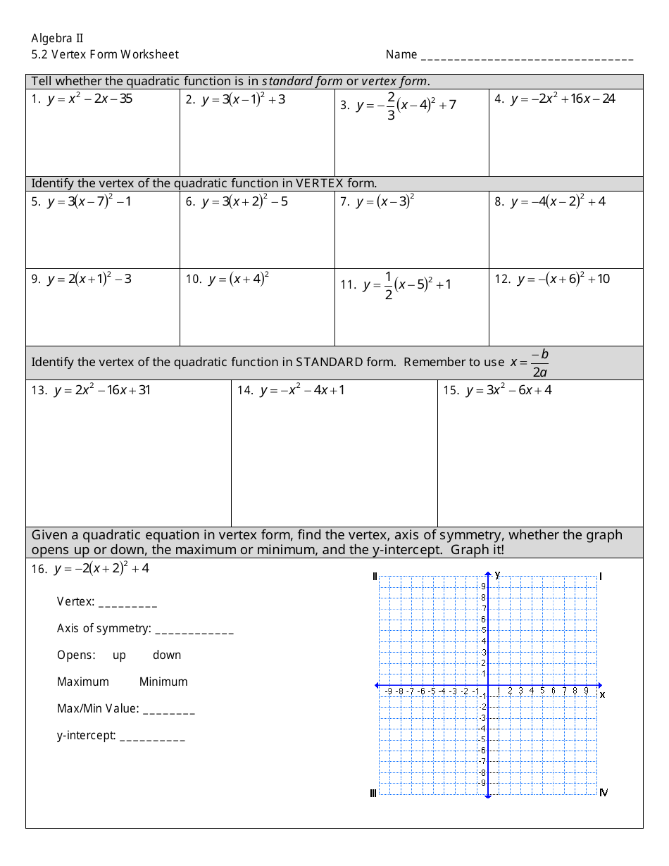 Vertex Form Worksheet - Algebra Ii Download Printable PDF Inside Algebra 2 Worksheet Pdf