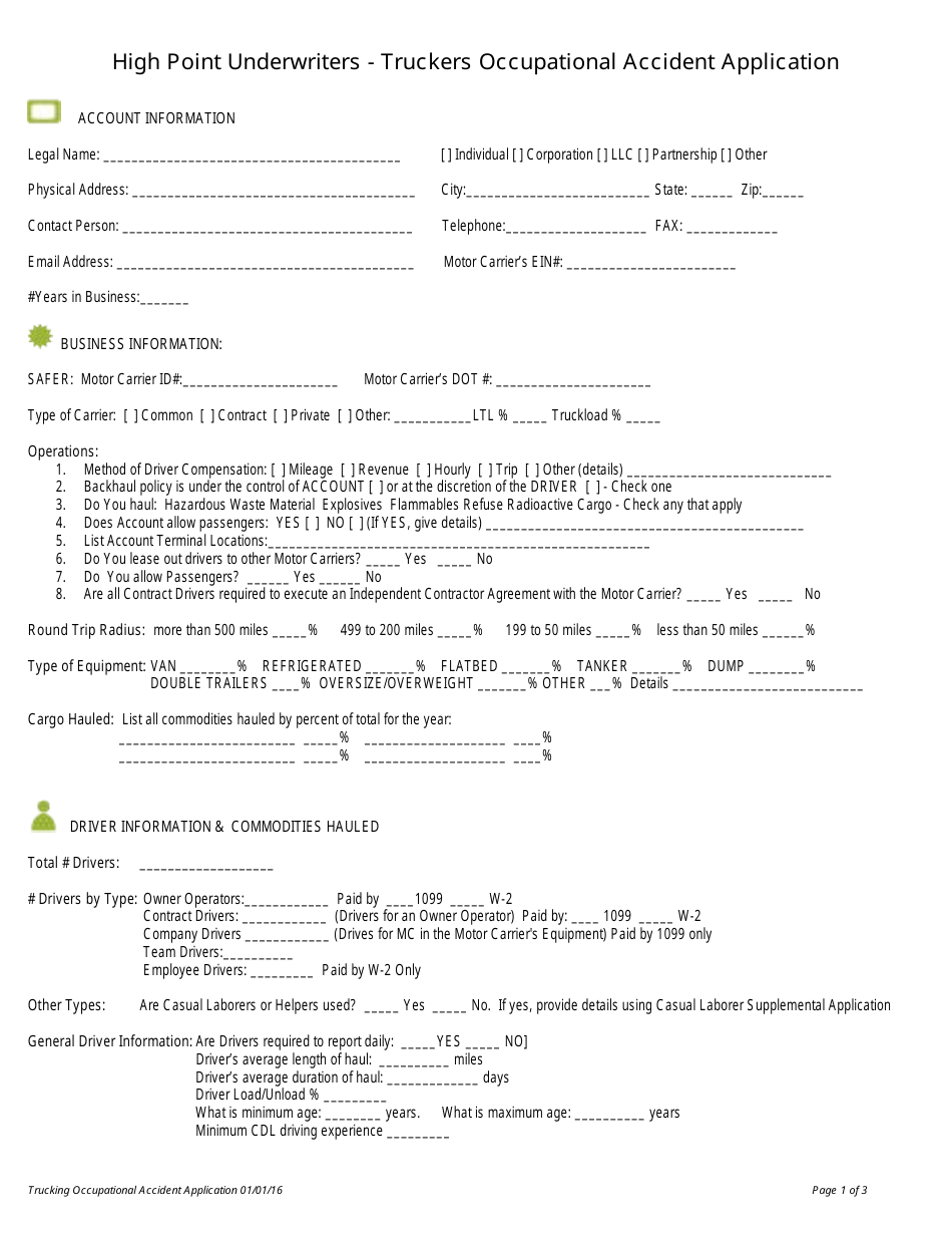 Truckers Occupational Accident Application Form - High Point Underwriters, Page 1