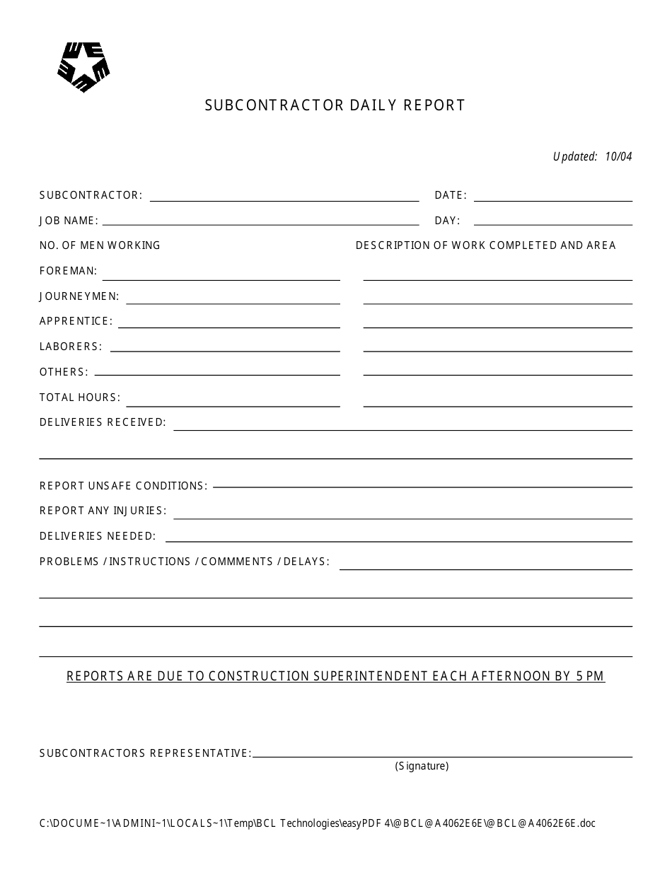 Subcontractor Daily Report Template, Page 1