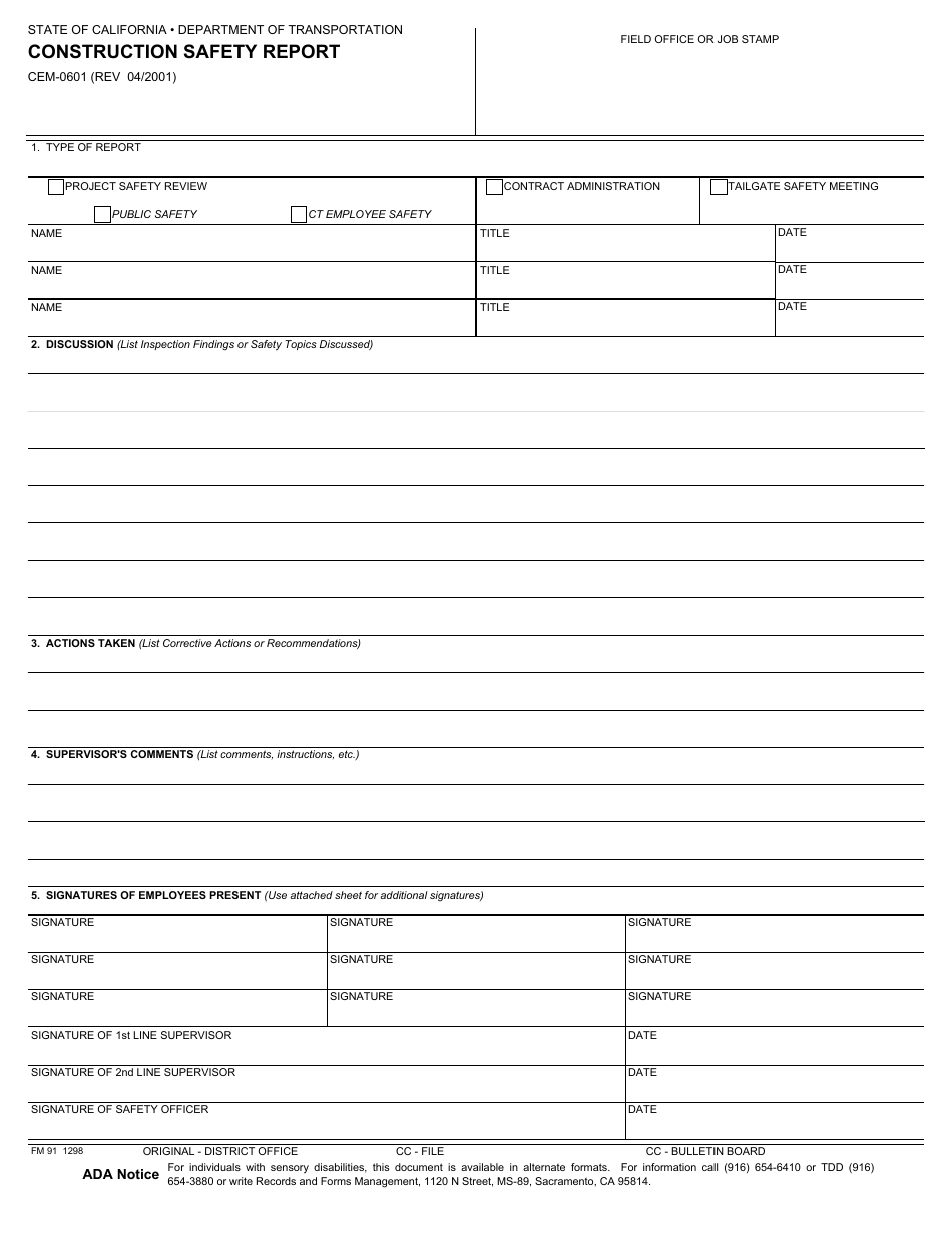 Form CEM-0601 Construction Safety Report - California, Page 1