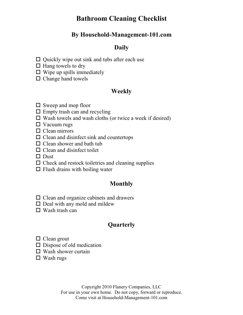 Bathroom Cleaning Checklist Template - Flanery Companies, Page 1