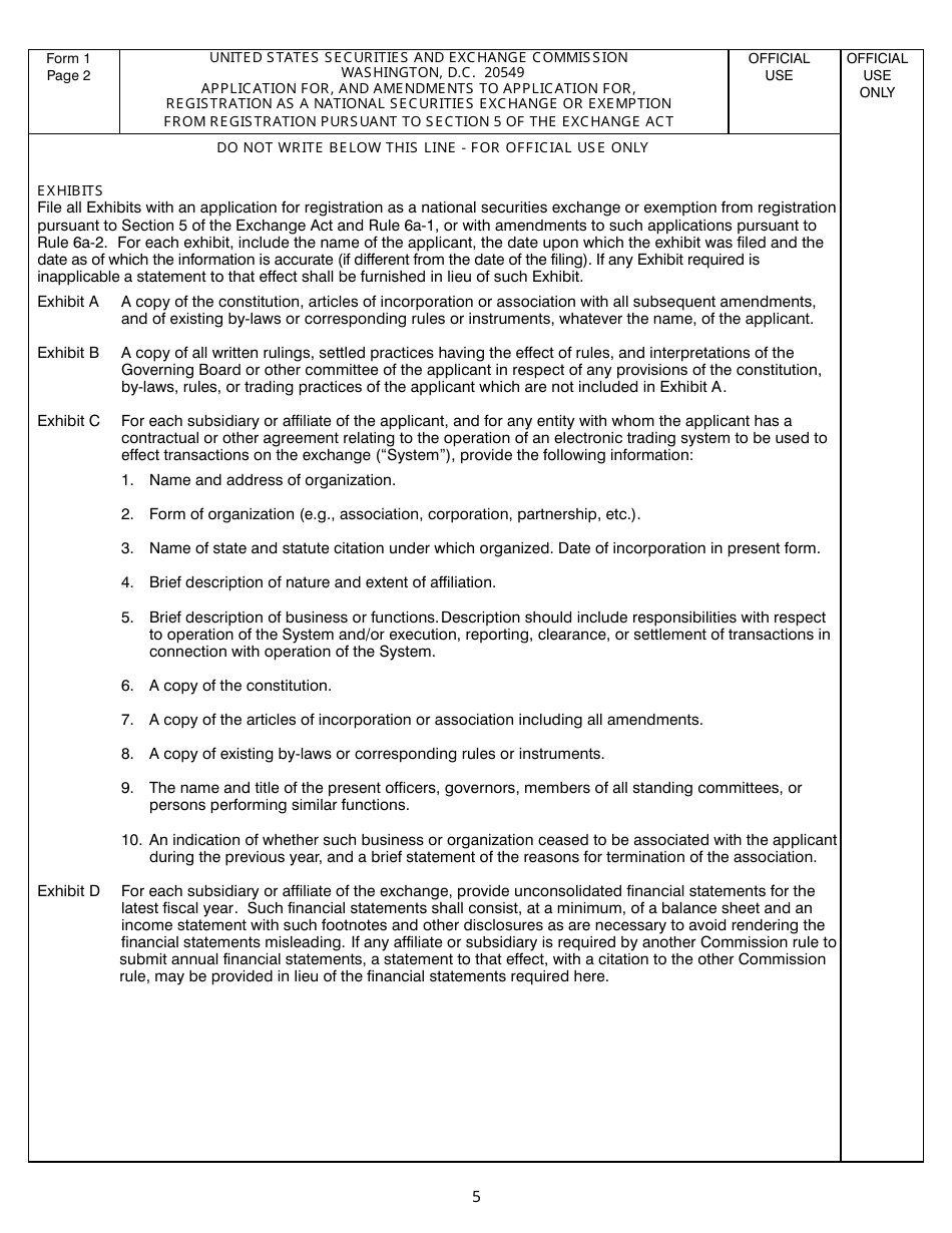 SEC Form 1935 (1) Application for, and Amendments to Application for, Registration as a National Securities Exchange or Exemption From Registration Pursuant to Section 5 of the Exchange Act, Page 5