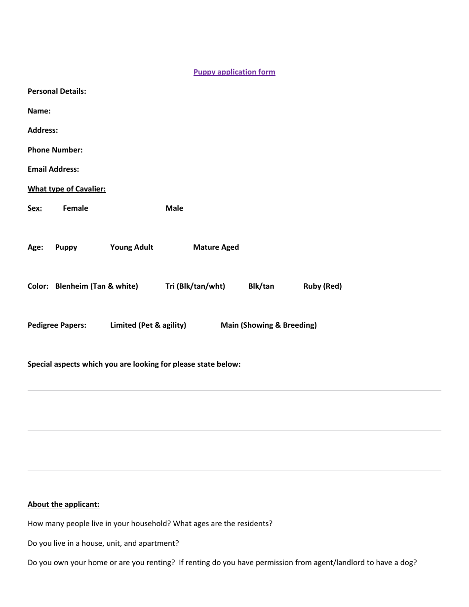 Puppy Application Form, Page 1